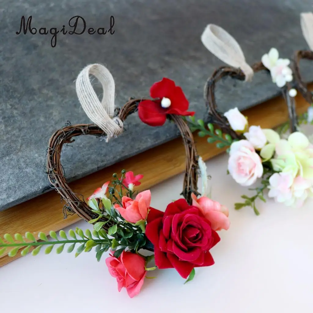Shabby Chic Heart Rattan Artificial Simulation Rose Flower Home Door Lintel Chair Wall Decoration Wedding Party Supplier
