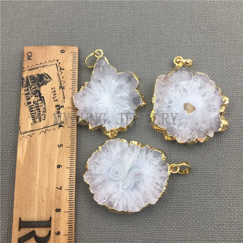 MY0450 Sun Flower Shape Druzy Quartz Slice Gold Color Edge Charms,Natural White Crystal Quartz Necklace Pendant Jewelry Making (3)
