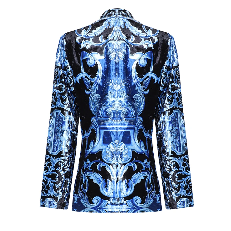 SEQINYY бархатная куртка осень зима женский модный дизайн длинный рукав винтажный короткий Блейзер с принтом синий