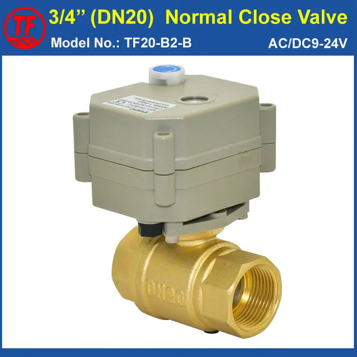 

TF20-B2-B, AC/DC9-24V 2 Wires 3/4'' Normal Close Motorized Ball Valve With Manual Override 2-Way DN20 Full Port Actuated Valve