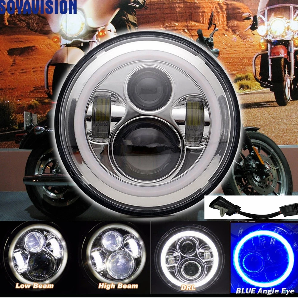 Chrome 40W 7" LED Headlight Blue Angel Eye For Harley Davidson Road