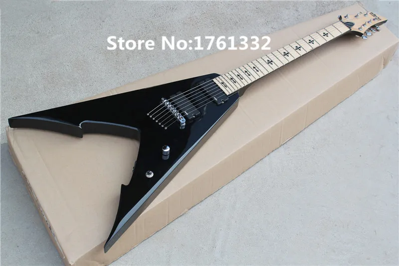 

Factory custom 24 frets flying V black electric guitar with black pattern fingerboard inlay,string-thru-body,can be changed