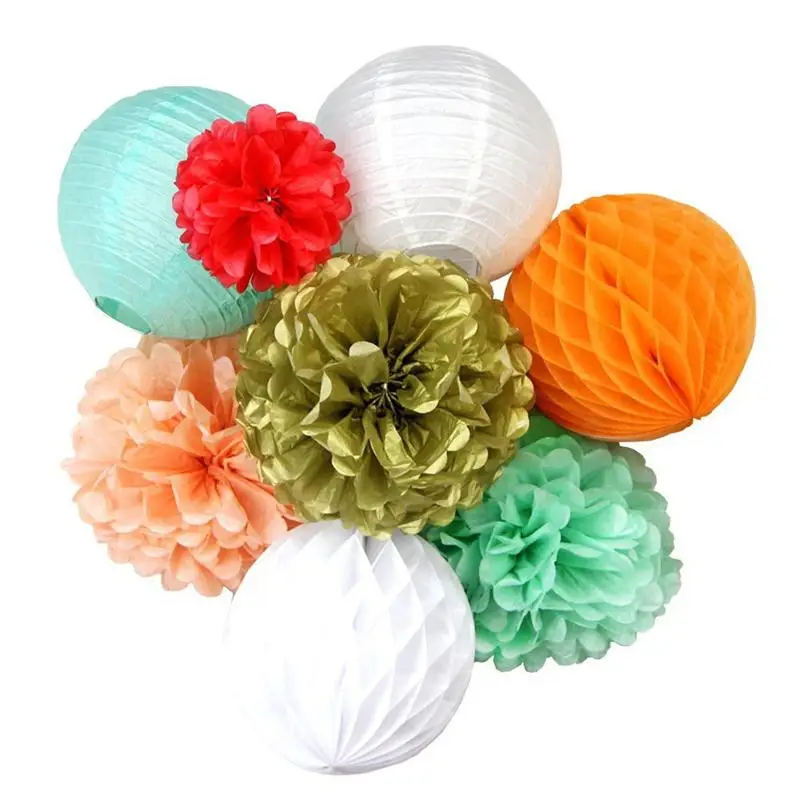 8pcs Paper Lanterns Paper Balls Pom Poms for baby shower
