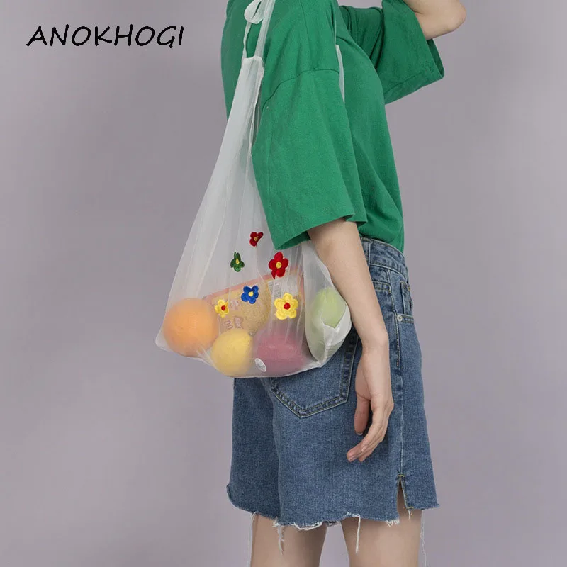 

Korean Style Simple Embroidery Fruit Mesh Shoulder Bag Transparent Lace Soft Shopping Bag Ladies Summer Students Handbag B360