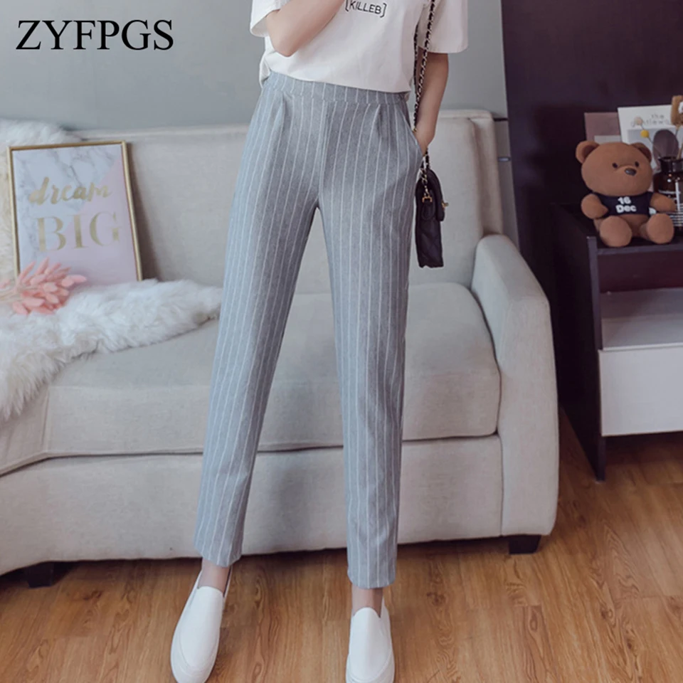 

ZYFPGS 2019 Hot Women's Nine Points Casual Pants Stripe Pop Casual Women Pants Plus Size Loose Straight Slim Pencil Pants Z0923