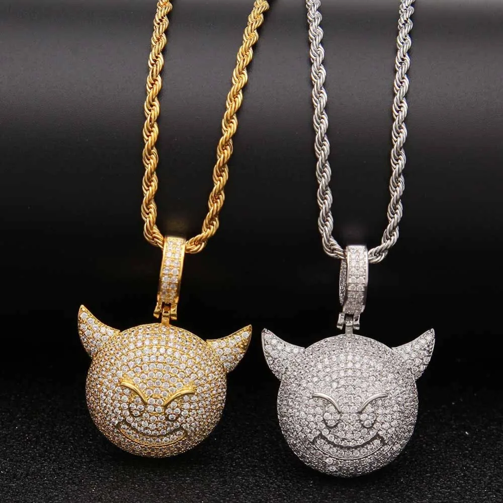 

Bling Shiny Emoji Ghost Little Devil Pendant Necklace Charms For Men Women Gold Silver Cubic Zircon Rope Chain Jewelry Gifts