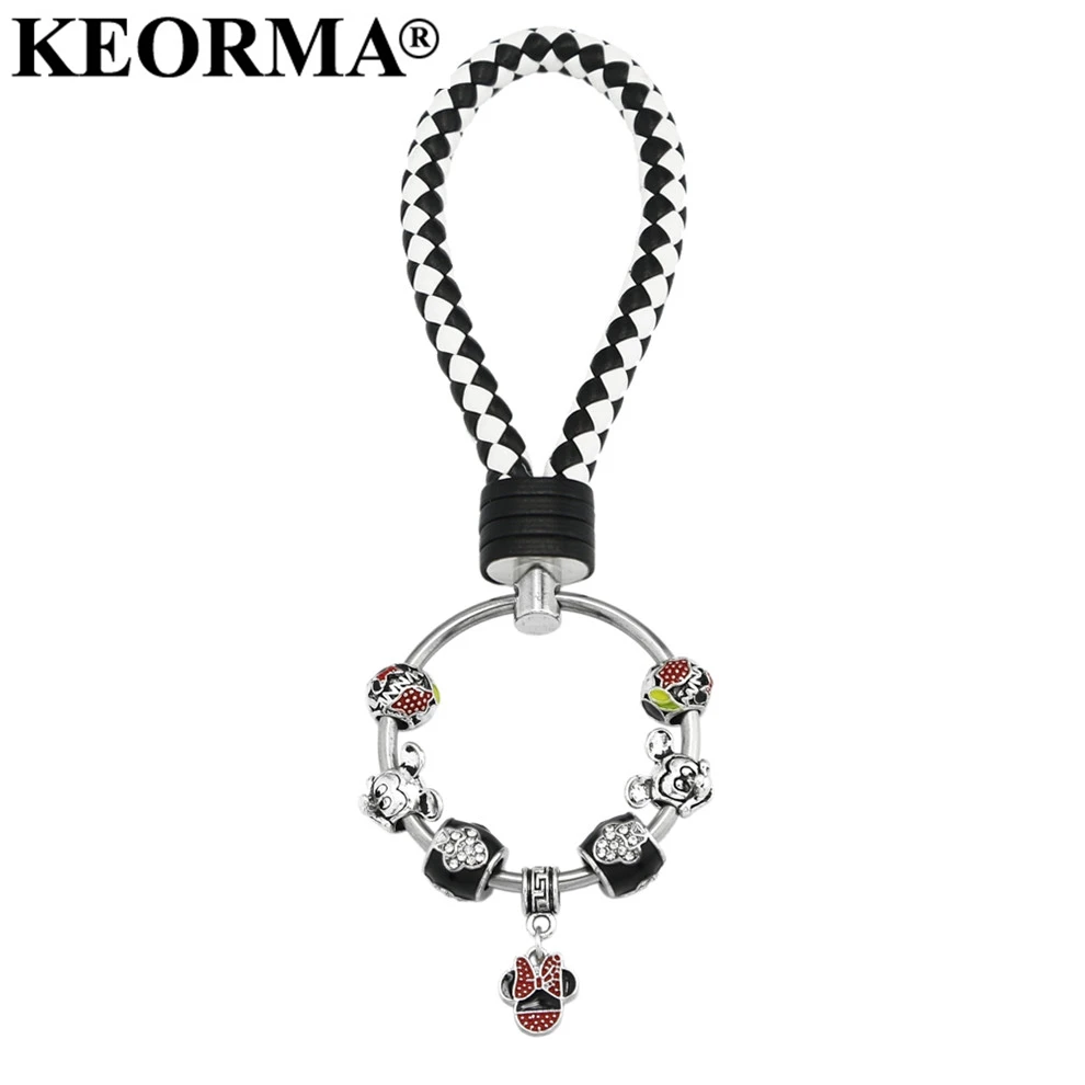 

KEORMA Fashion Women Mickey Mouse Charm Keychain Car Key holder Ring Chain For Men Women Gifts PU Leather Bag Keychain YK031