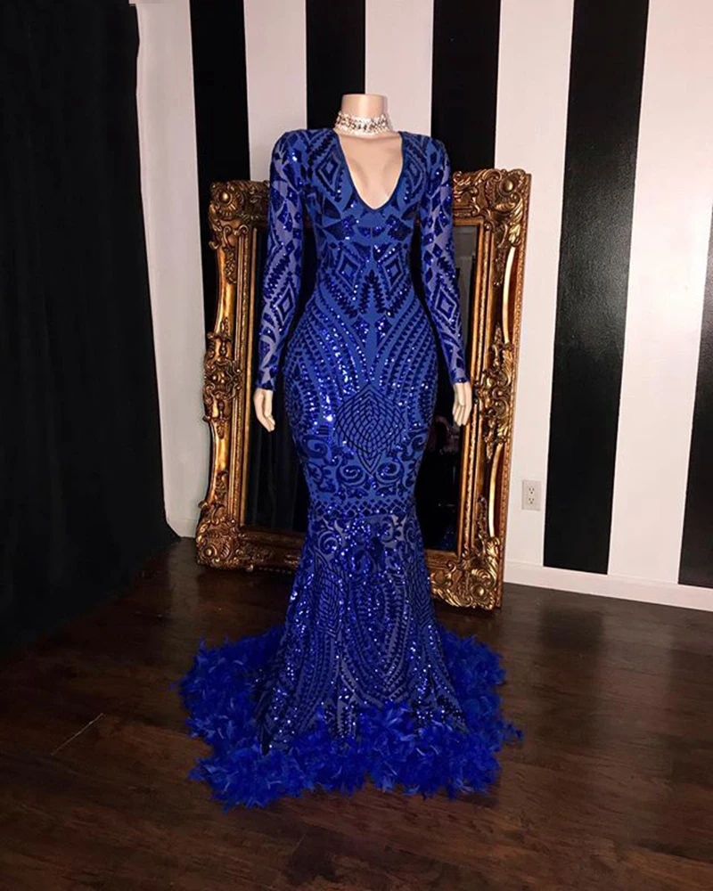 Beautifulinwhite Royal Blue Mermaid Prom Dresses Deep V Neck Long