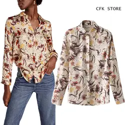 Для женщин блузка 2019 новый осень-весна с цветочным принтом пикантные в винтажном стиле, с длинным рукавом белый ПР рубашка Повседневное
