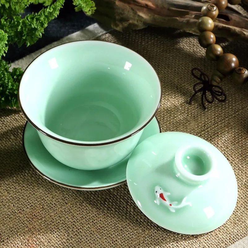 [GRANDNESS] Longquan Celadon Gaiwan Gongfu Чайный набор 3D Рыба Gaiwan набор супница чашка 140 мл
