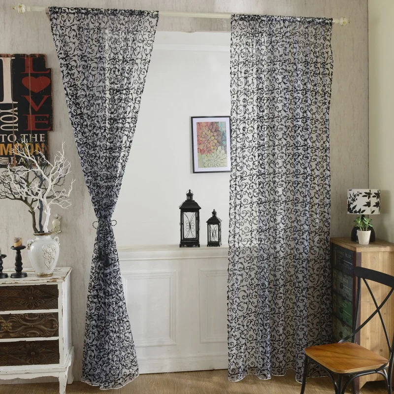 NEW Black White Curtains Peony Flower Screens Elegantly Decorated For