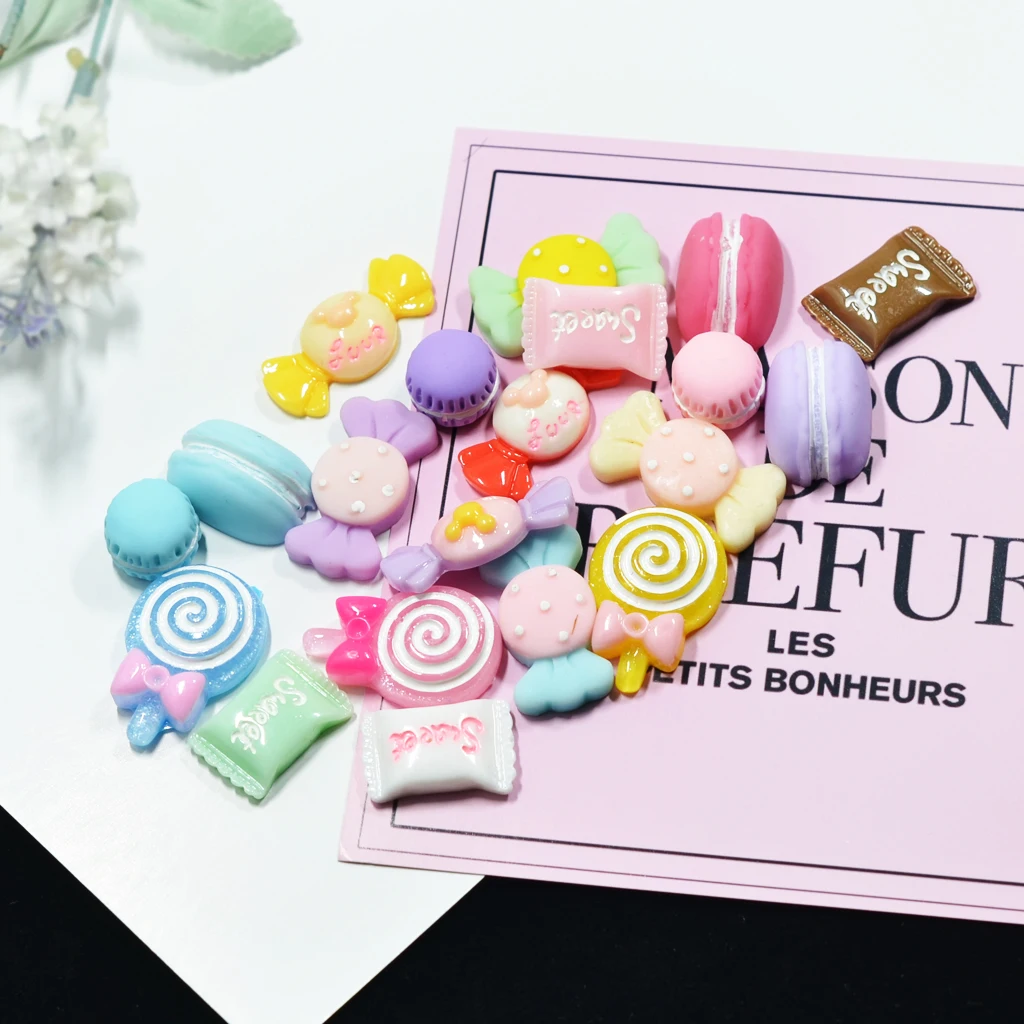 20Pcs Mixed Colors Designs Cabochons Flat Back Resin Confetti Candy Lollippop Embellishment For Kids DIY Phone Decoration Craft