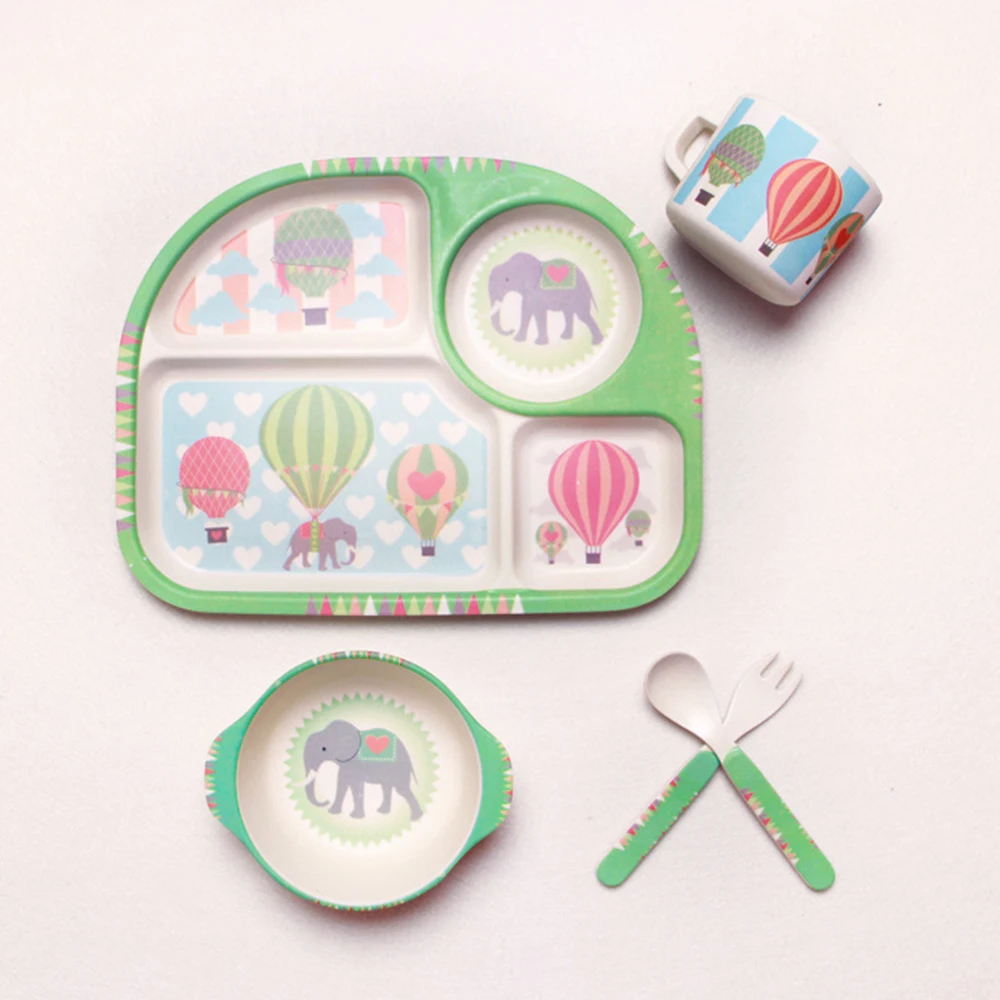 Kuinayouyi fibra de bamb/ú beb/é dibujos animados comer vajilla ni/ños plato de alimentaci/ón ni/ños ni/ños platos de entrenamiento taz/ón cuchara tenedor 5 unids//set le/ón