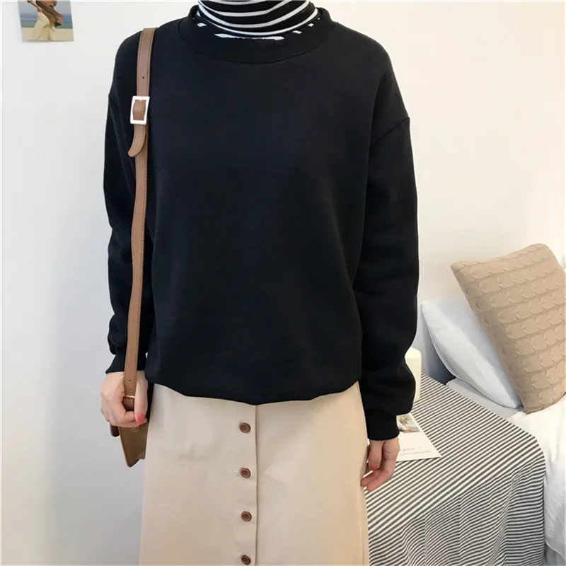 Черный Sudaderas mujer Харадзюку однотонный Свитшот женский длинный рукав толстовка Свободный Женский повседневные худи и свитшоты спортивный костюм - Цвет: Черный