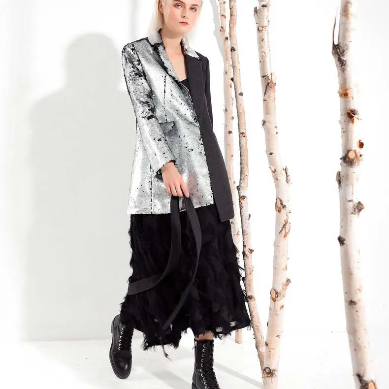 Collar Blazer Long Femmes Hiver Patchwork Sequin 2019 Manches Contraste Printemps Argent down Turn Pleine Couleurs Mode xwqzFXYXg