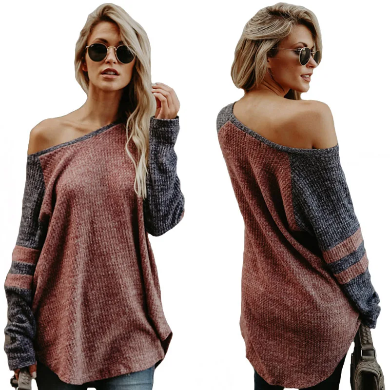 

patchwork striped print fashion female sweater computer knitted slash neck woman sweaters 2019 winter love style