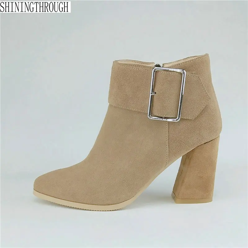 

Suede leather Women Ankle Boots ankle strap buckle high heels Autumn Winter Ladies dress work Shoes Woman Brand Basic Boots