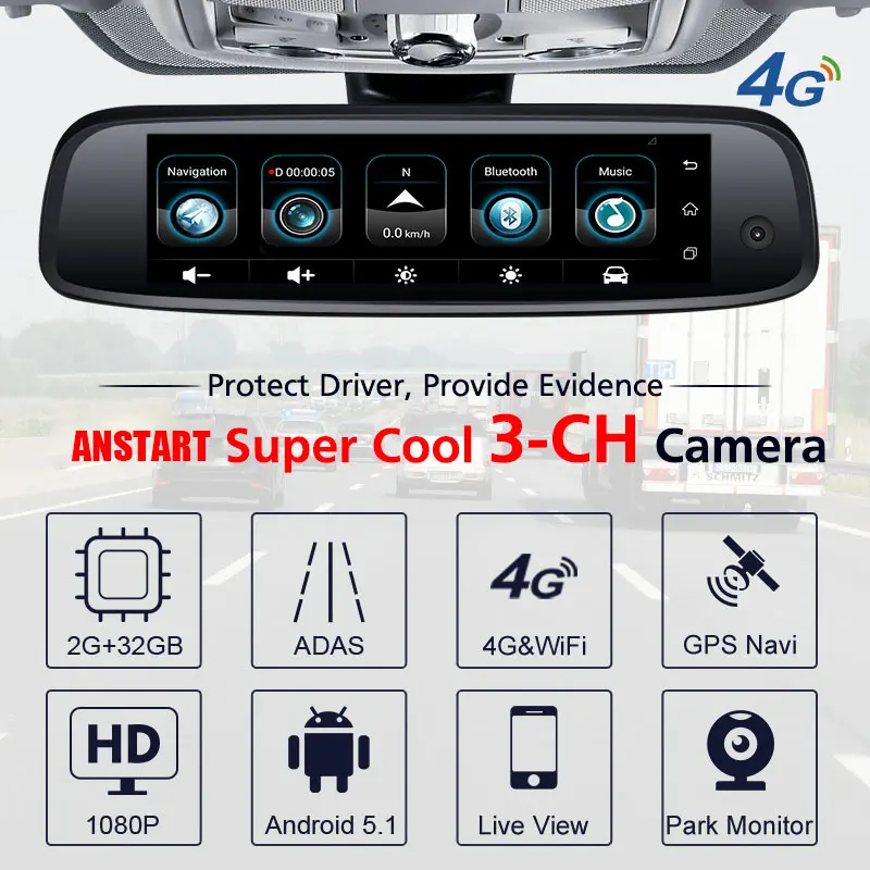ANSTAR Car DVR ADAS 4G Android Rearview Mirror With 2+32GB 3-CH Dash Camera FHD 1080P Video Recorde