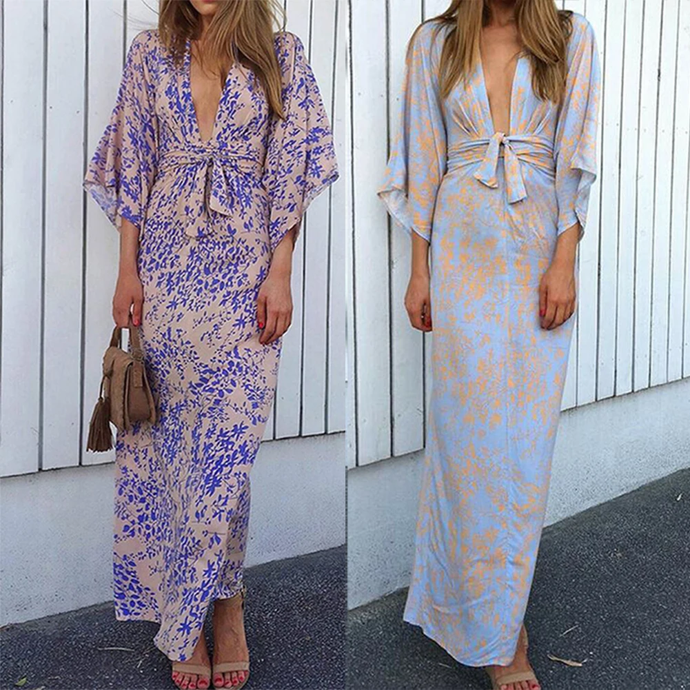 

2019 New Women's Summer Boho Floral V-Neck Strappy 3/4 Sleeve Long Maxi Dress Party Beach Sundress