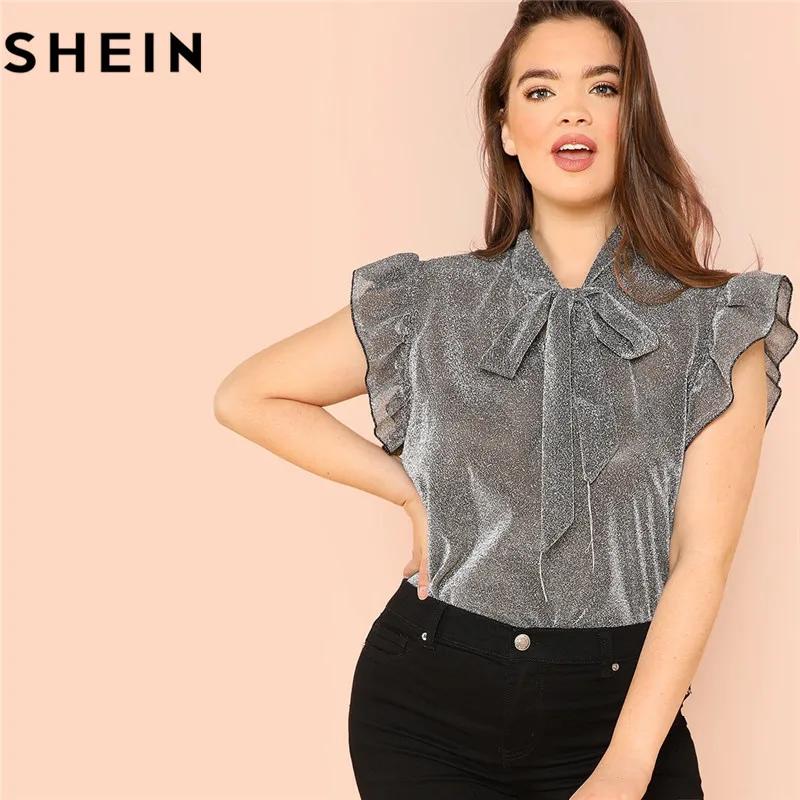 SHEIN Женская Тонкая Блузка с оборками и воротником бабочкой размера плюс летняя