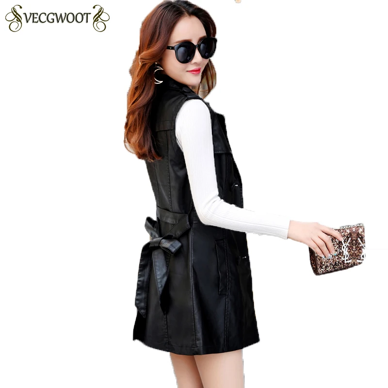 Sleeveless Leather Trench Coat Vest Women 2019 New Autumn Slim Long