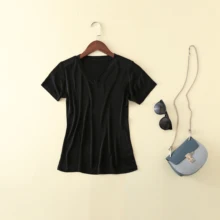 Женская футболка, новинка, летняя, тонкая, v-образный вырез, одноцветная, чистый шелк, Вязанная, Harajuku, женская, с коротким рукавом, Облегающая майка, T-shir