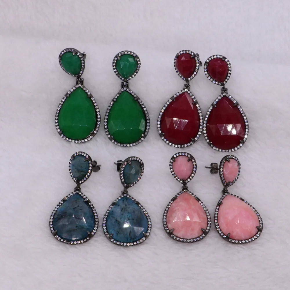 

3Pairs Faceted Water drop stones Mix colors drop earrings Dark metal dangle earring Trendy jewelry for women 2468