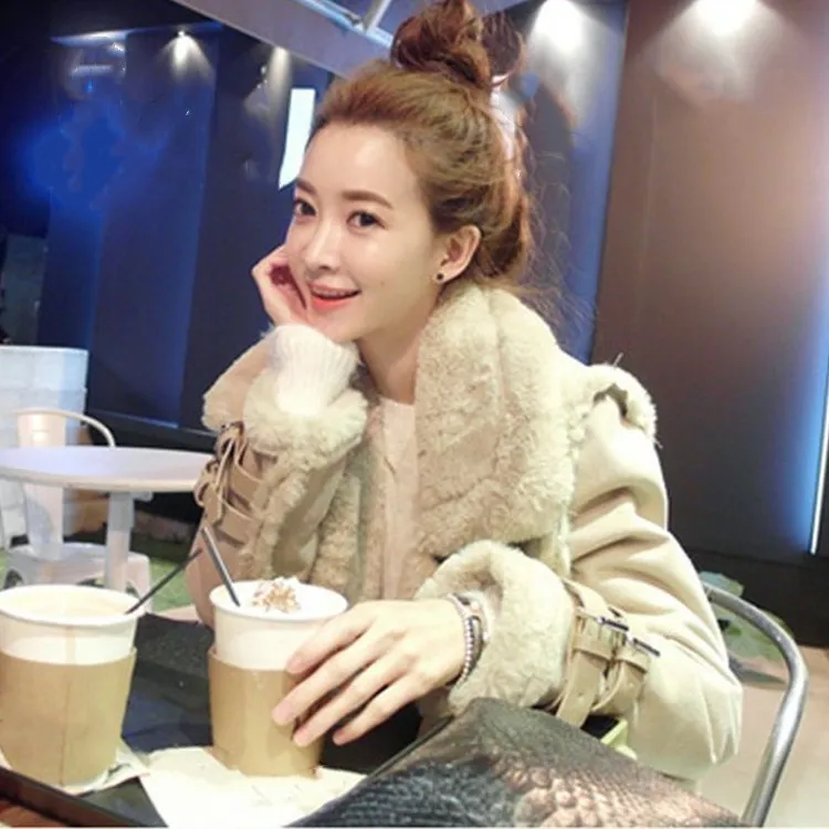 New Arrival Female Turn-Down Collar Suede Outerwear Women Faux Fur Thicken Jacket Winter Pockets Warm Sheepskin Coats