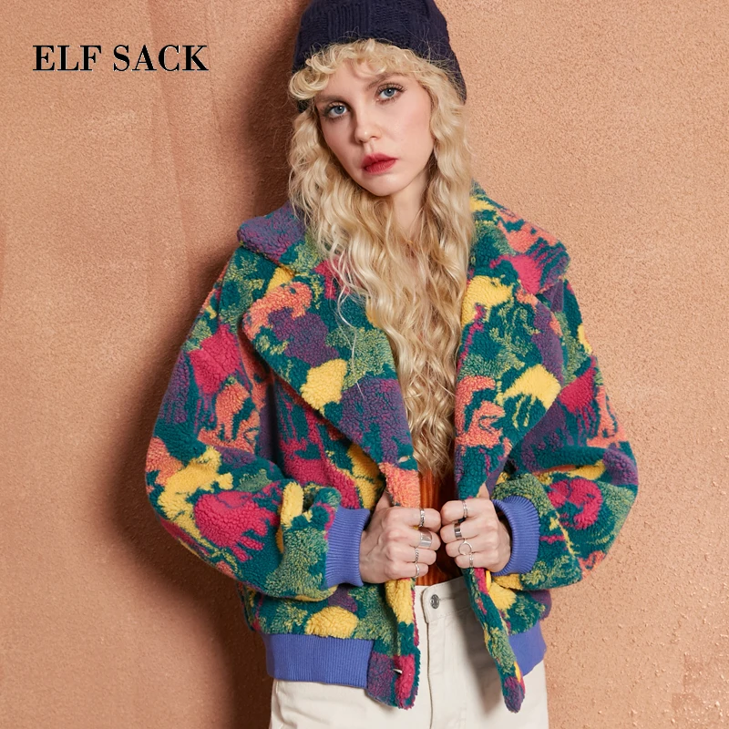 ELF SACK Winter Women Polyester Wool Coats Womens Camouflage Lmitation