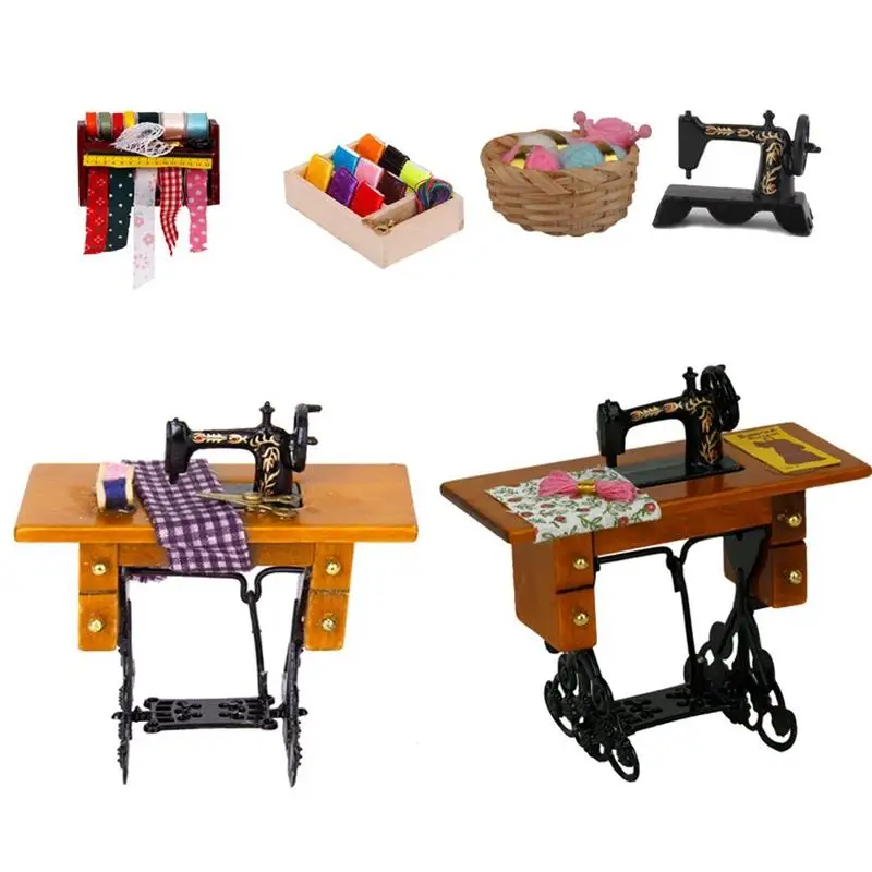 1/12 масштаб винтажный миниатюрный кукольный домик швейная машина с тканью в коробке игровой домик мини игрушечная швейная машина набор