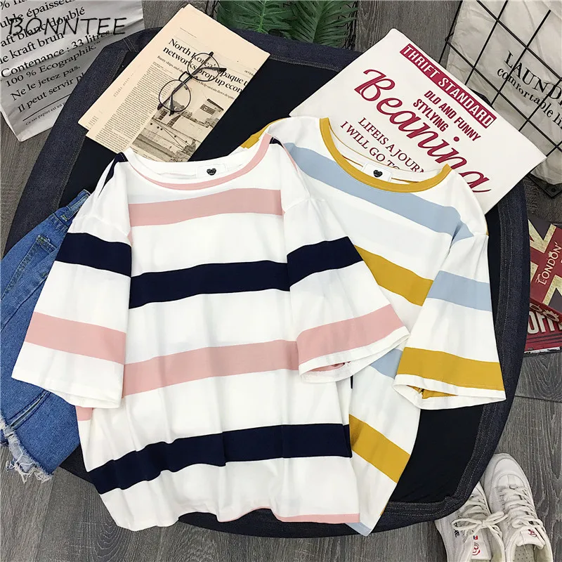 

T-shirts Women Striped Trendy Students Korean Style O-Neck Clothing Womens Summer 2019 Chic Loose All-match Ladies T-shirt Daily