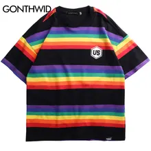 GONTHWID, радужные полосатые футболки с коротким рукавом, уличная одежда, мужские и женские хип-хоп Харадзюку, повседневные футболки, мужские Модные топы, футболки