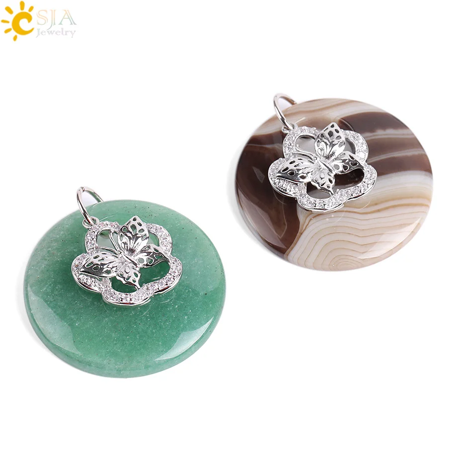 

CSJA Natural Gem Stone Hollow Out Round Necklaces Pendants Onyx White Crystal Rhinestone Butterfly Charm Healing Jewellery E833