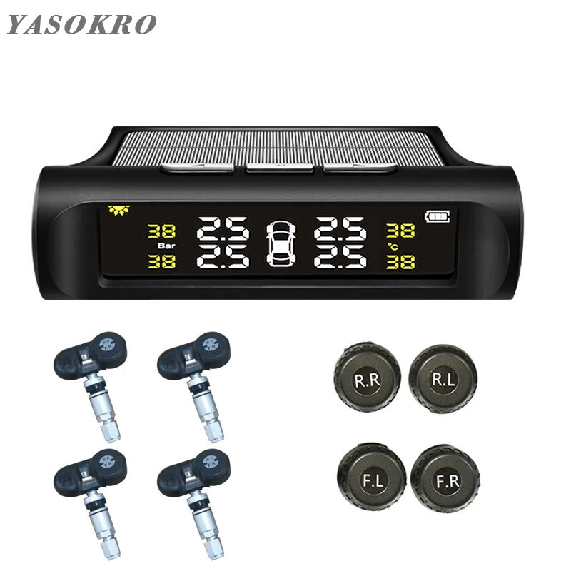 YASOKRO Солнечная TPMS автомобильная система контроля давления в шинах Солнечная зарядка ЖК-дисплей 4 внешних датчика датчик температуры