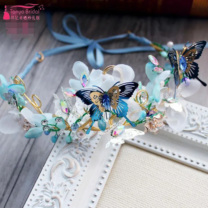 

Light Sky Blue Flowers bridal Headwear With handmade butterfly Bohemian Wedding Decorations In Stock ZH012