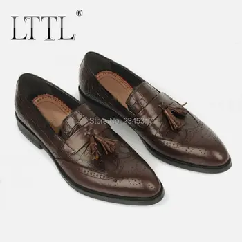 

LTTL New Fashion Genuine Leather Crocodile Loafers Shoes Mens Pointed Toe Flats Brown Carved Dress Shoes