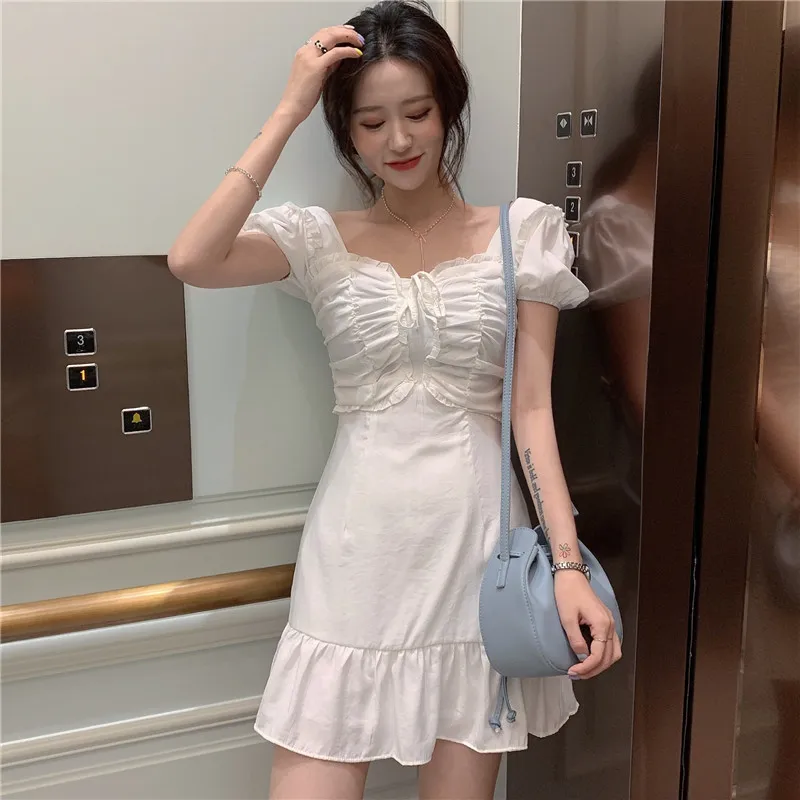 

New Korean Fasion Patchwork Summer Dress Slim Short Sleeve Square Collar Sexy Sweater Dresses