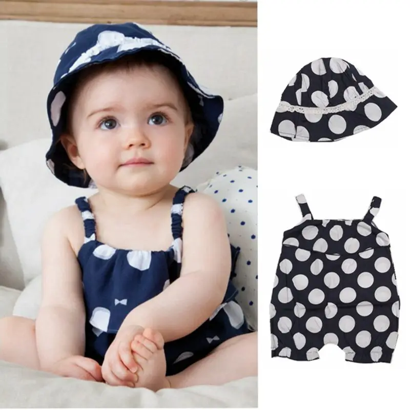 Polka Dots Navy Bebe Jumpsuit + Hat 2PCS Baby Girl Clothes Sets Infant