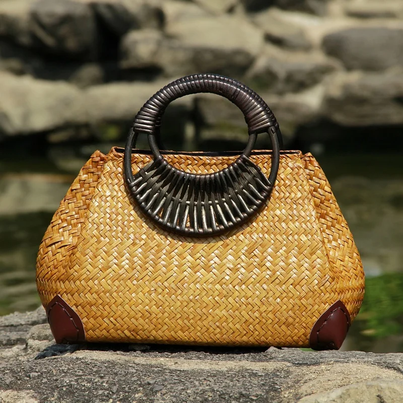 Women Straw Female Bamboo Summer Beach Weave Handbag Lady Handmade Vintage Wood Handle Bag Travel Knitted Totes Bags_voghion.com