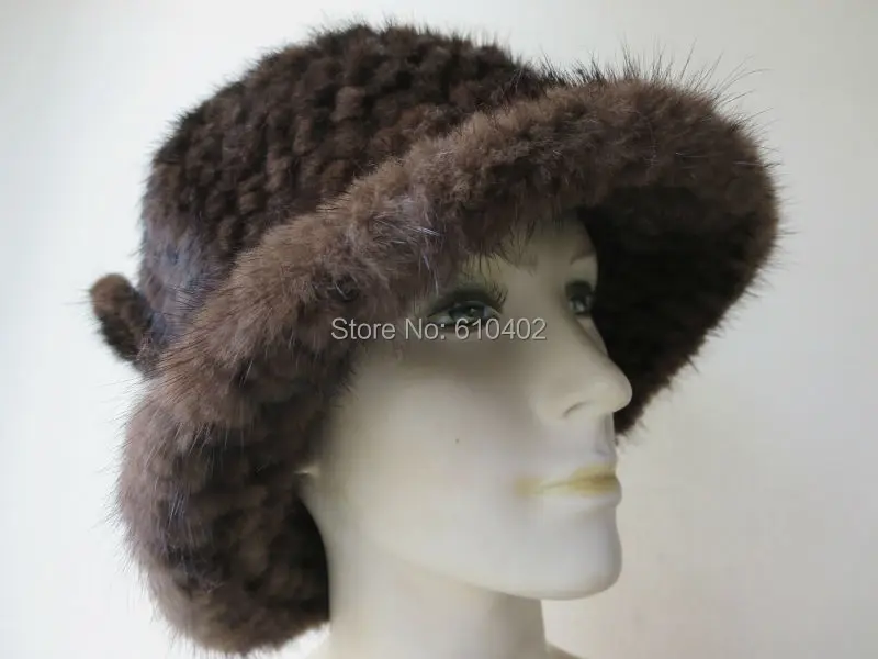 free shipping Lady s Genuine Real Mink Fur hand made knitted Top Hat brown