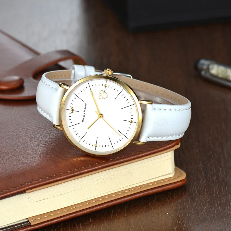 Disney Clock Authentic Mickey Mouse Cutie Women Simple Ultrathin Original Leather Girl Boy Favorite Student Love Quality Watches