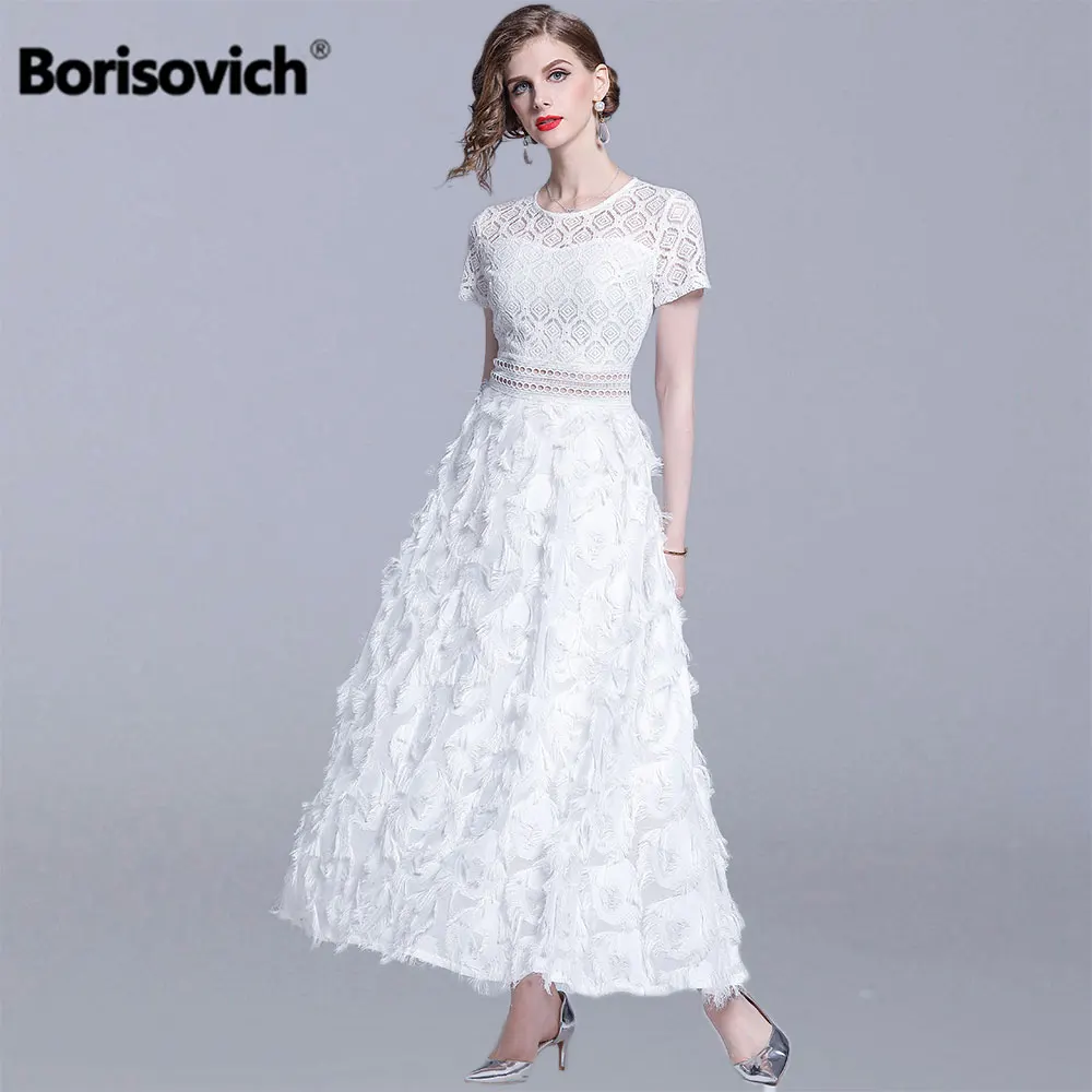 

Borisovich Women Elegant Party Dresses New Fashion England Style Luxury Hollow Out Lace Female Summer A-line Long Dress N1303