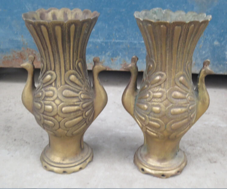 

A Pair Antique Imitation Metal Crafts vases chinese brass handwork carved double Peacock vase fast shipping
