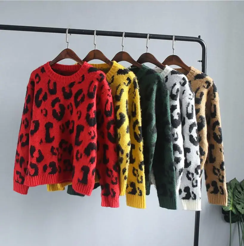 

Women Winter Spring Warm Fashion Leopard Print Knitted Jumpers Tops Woman Soft Printed Knitting 5 Color Sweaters