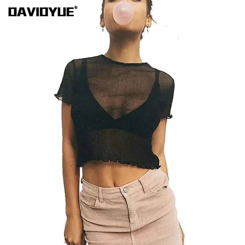 

Sexy Bling crop top black transparent mesh t shirt women short sleeve mesh top fashion women tshirt o neck christmas tshirt 2018