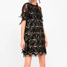 Для женщин с кисточками и пайетками бальное платье Bill Gates 1920 s Коктейльные Вечерние платье короткий рукав, для девушек, элегантное черное кружевное платье vestidos