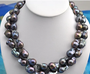 

6688fayan 004902 Rare 2row 18-23mm baroque black keshi reborn pearl necklace