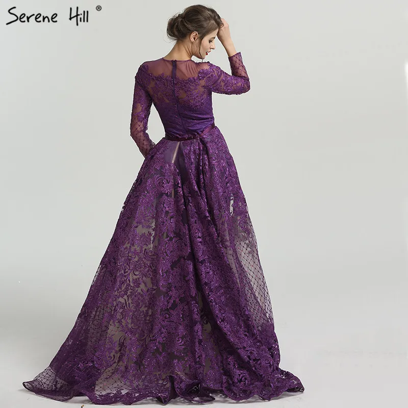 Новые фиолетовые длинные рукава Модные Вечерние Платья Аппликации блестками трапециевидной формы Сексуальное вечернее платье настоящая фотография LA6548