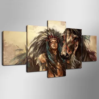 

Home Decor HD Canvas Poster Printed Living Room 5 Panel Indians Animals Horse Wall Art Modular Pictures Framework Painting