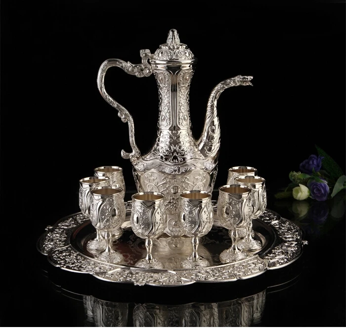 

10PCS/set zinc alloy metal wine set decanter 1 wine pot flagon flask 8 cups tray drinksware embossed Home Decoration JJ028